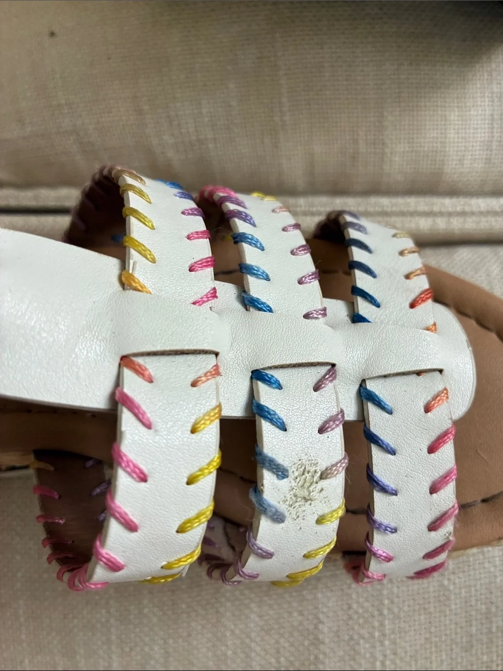 DV by Dolce Vita Girls White Leather Sandals with Multicolor Stitching